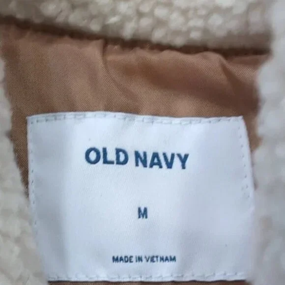 Old Navy Sherpa Women's Vest Medium Cream Tan Trim Pockets Zip Lined Boho NEW - Picture 2 of 8